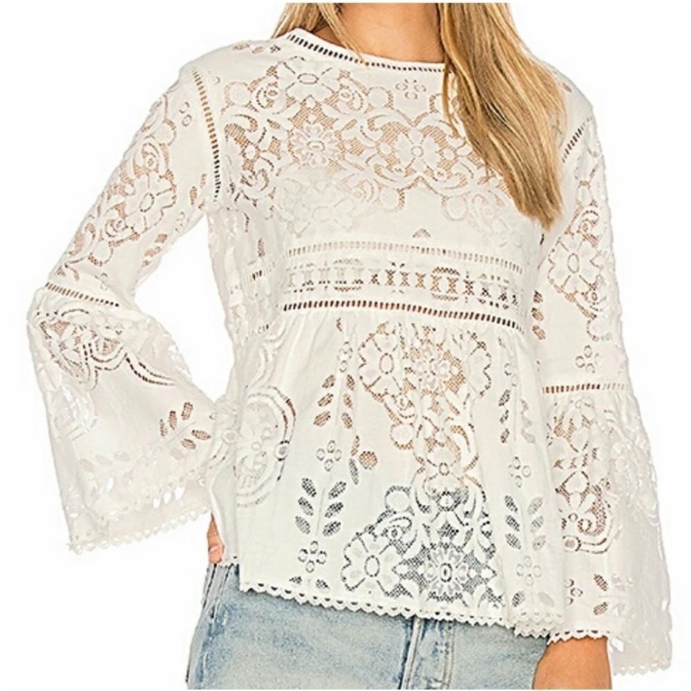SPELL Clover Lace Blouse Semi Sheer Lattice Trim Crochet Women’s SIZE SMALL